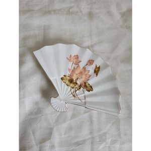 Vintage Japanese Fan Trinket Dish: Lotus Flower, Butterfly, Gold Trim